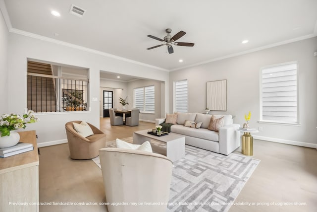 833 Fisher St Unit C, Houston, TX 77018 - living area with ceiling fan, baseboards, ornamental molding, recessed lighting, and wood finished floors