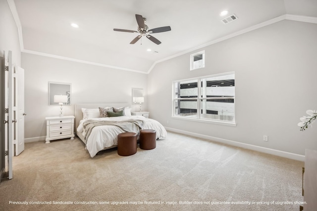 833 Fisher St Unit C, Houston, TX 77018 - bedroom with lofted ceiling, crown molding, baseboards, carpet, and ceiling fan