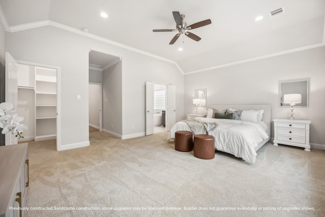 833 Fisher St Unit C, Houston, TX 77018 - bedroom featuring lofted ceiling, crown molding, baseboards, a walk in closet, and light colored carpet