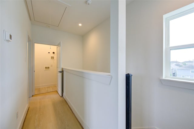 2312 Reinerman St, Houston, TX 77007 - corridor with attic access, light wood-type flooring, an upstairs landing, recessed lighting, and baseboards
