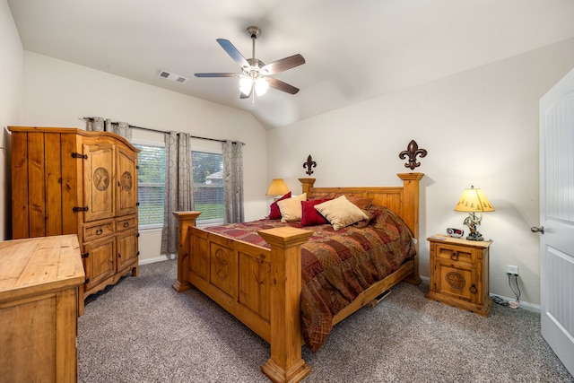 13154 Crestview Cir, Willis, TX 77318 - bedroom featuring light colored carpet, vaulted ceiling, baseboards, and a ceiling fan