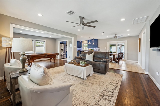 2050 Marnel Rd, Houston, TX 77055 - living area featuring ceiling fan, wood finished floors, baseboards, billiards, and recessed lighting