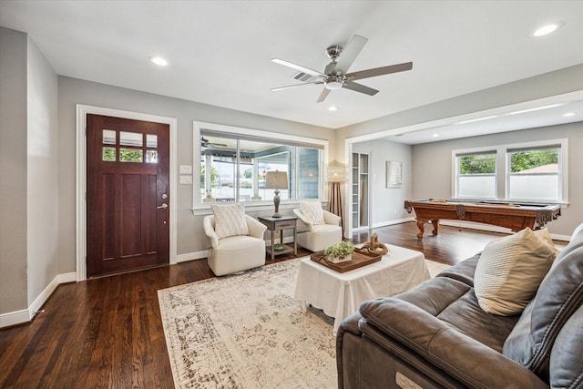 2050 Marnel Rd, Houston, TX 77055 - living area featuring billiards, wood finished floors, baseboards, a ceiling fan, and recessed lighting