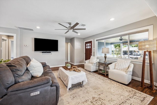 2050 Marnel Rd, Houston, TX 77055 - living room with ceiling fan, dark wood-style flooring, baseboards, and recessed lighting