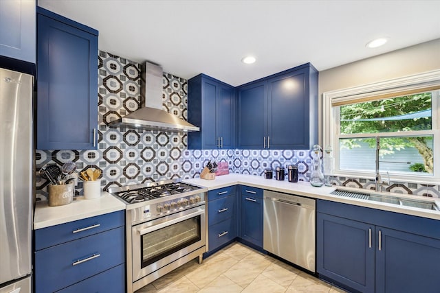 2050 Marnel Rd, Houston, TX 77055 - kitchen with appliances with stainless steel finishes, wall chimney exhaust hood, blue cabinetry, and recessed lighting
