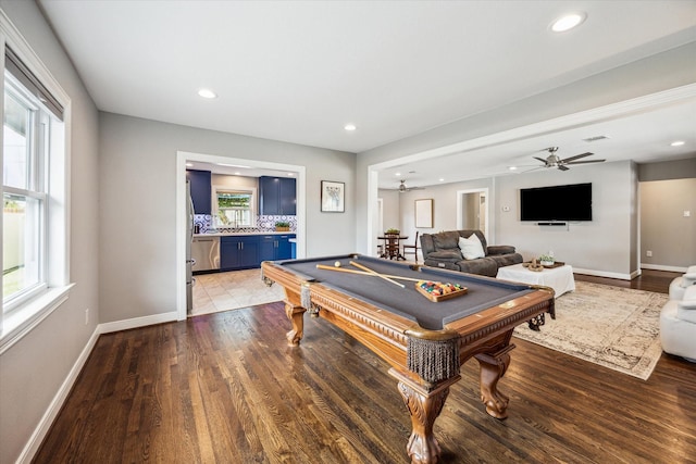 2050 Marnel Rd, Houston, TX 77055 - playroom featuring wood finished floors, baseboards, recessed lighting, billiards table, and a ceiling fan