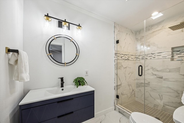2050 Marnel Rd, Houston, TX 77055 - full bath with marble finish flooring, baseboards, toilet, vanity, and a stall shower