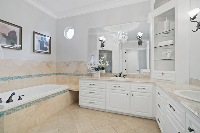 26 Commanders Pt, Missouri City, TX 77459 - bathroom with double vanity, ornamental molding, a bath, and a chandelier