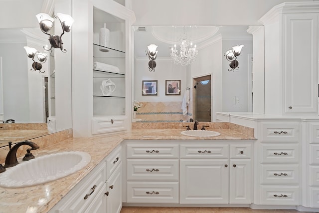 26 Commanders Pt, Missouri City, TX 77459 - full bath featuring double vanity, ornamental molding, built in features, and a chandelier