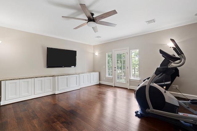 26 Commanders Pt, Missouri City, TX 77459 - workout room with a ceiling fan, crown molding, dark wood finished floors, and baseboards
