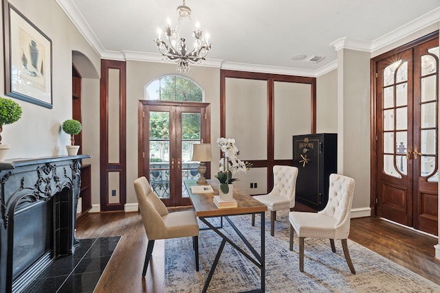 26 Commanders Pt, Missouri City, TX 77459 - dining space featuring french doors, baseboards, dark wood-style flooring, and crown molding