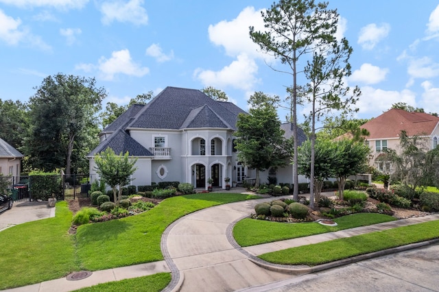 26 Commanders Pt, Missouri City, TX 77459 - french country style house with stucco siding, curved driveway, a balcony, and a shingled roof