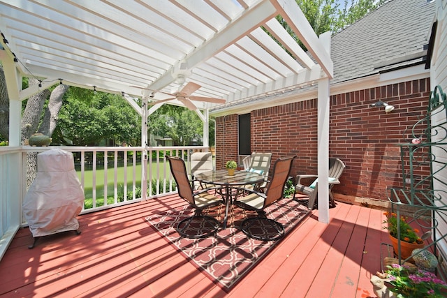 1123 Mariner Cv, Sugar Land, TX 77498 - wooden terrace featuring a pergola, outdoor dining space, and ceiling fan