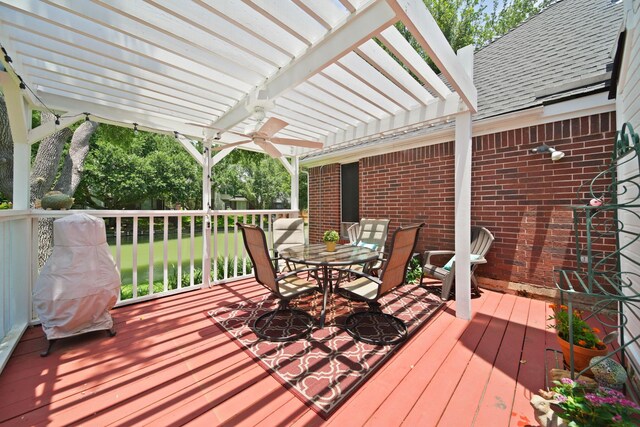 1123 Mariner Cv, Sugar Land, TX 77498 - deck featuring a pergola, outdoor dining space, and ceiling fan