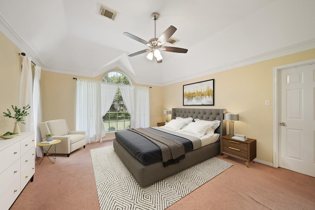 1123 Mariner Cv, Sugar Land, TX 77498 - bedroom featuring light colored carpet, vaulted ceiling, ceiling fan, and ornamental molding