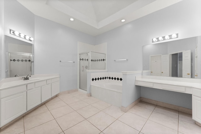 1030 Evandale Ln, Sugar Land, TX 77479 - bathroom featuring a shower stall, a garden tub, two vanities, and recessed lighting