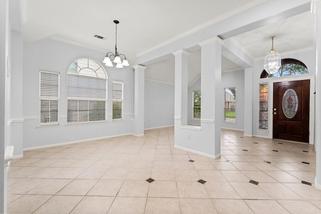 1030 Evandale Ln, Sugar Land, TX 77479 - foyer entrance with plenty of natural light, a chandelier, crown molding, tile patterned floors, and baseboards