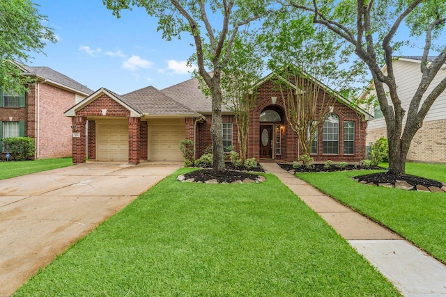 1030 Evandale Ln, Sugar Land, TX 77479 - traditional-style home featuring an attached garage, brick siding, a front lawn, and concrete driveway