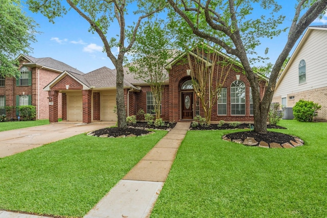 1030 Evandale Ln, Sugar Land, TX 77479 - traditional-style house with brick siding, a garage, concrete driveway, a front yard, and a shingled roof