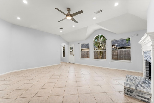 1030 Evandale Ln, Sugar Land, TX 77479 - unfurnished living room featuring a fireplace, ceiling fan, vaulted ceiling, recessed lighting, and baseboards