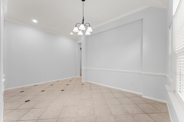 1030 Evandale Ln, Sugar Land, TX 77479 - unfurnished room with a chandelier, ornamental molding, recessed lighting, baseboards, and light tile patterned floors