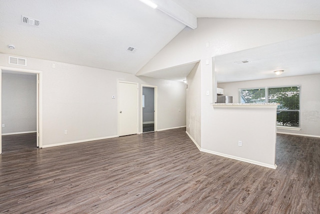 2203 Crosscoach Ln, Katy, TX 77449 - spare room featuring beam ceiling, dark wood-style floors, baseboards, and high vaulted ceiling
