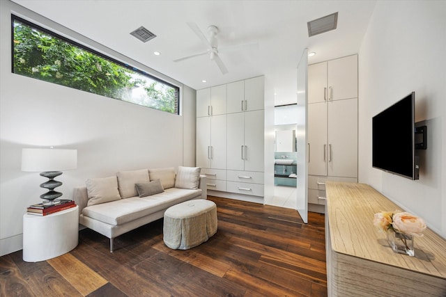 2110 Tangley St, Houston, TX 77005 - living room featuring ceiling fan, dark wood finished floors, and recessed lighting