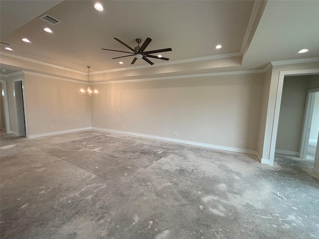 2804 Spector Dr, Bryan, TX 77808 - unfurnished room with a raised ceiling, a ceiling fan, concrete floors, ornamental molding, and a chandelier