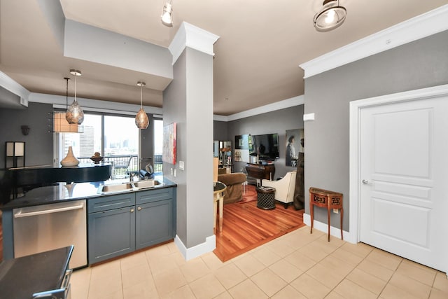 3333 Allen Pkwy Unit 1508, Houston, TX 77019 - kitchen with dishwasher, a sink, ornamental molding, baseboards, and light tile patterned flooring