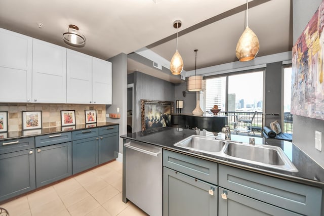 3333 Allen Pkwy Unit 1508, Houston, TX 77019 - kitchen featuring dishwasher, dark countertops, light tile patterned floors, white cabinets, and backsplash