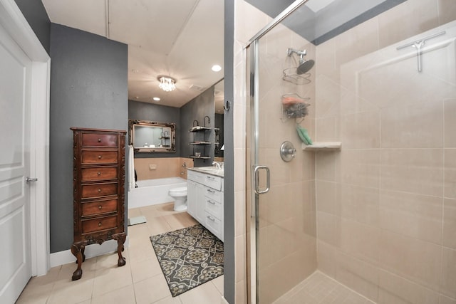 3333 Allen Pkwy Unit 1508, Houston, TX 77019 - bathroom with vanity, a stall shower, tile patterned flooring, recessed lighting, and a tub to relax in
