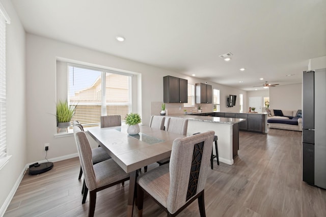 5330 Briana Dee Dr, Rosharon, TX 77583 - dining room featuring light wood-type flooring, recessed lighting, baseboards, and a ceiling fan
