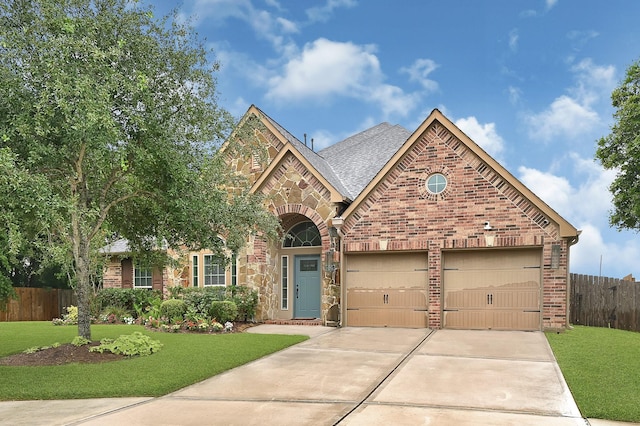 4003 N Creekmont Dr, Fresno, TX 77545 - view of front facade with concrete driveway, an attached garage, brick siding, a shingled roof, and stone siding