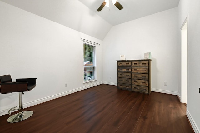 4003 N Creekmont Dr, Fresno, TX 77545 - bedroom with wood finished floors, baseboards, lofted ceiling, a ceiling fan, and a desk