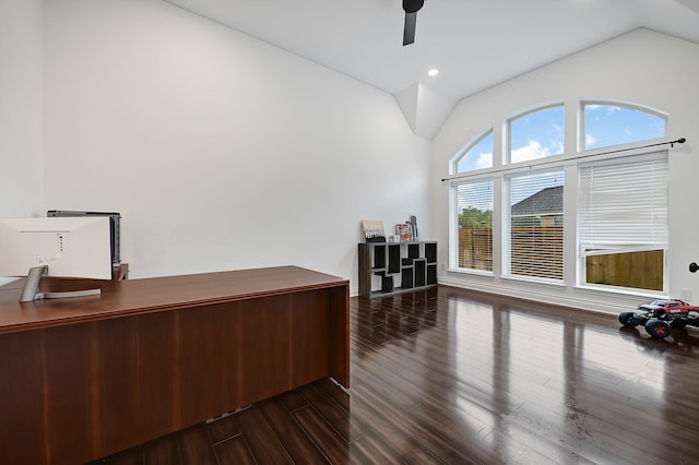 4003 N Creekmont Dr, Fresno, TX 77545 - office featuring vaulted ceiling, a ceiling fan, dark wood-style floors, and recessed lighting