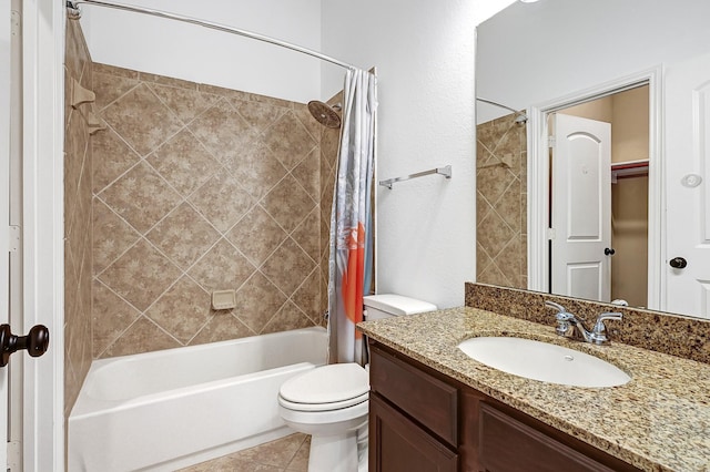 4003 N Creekmont Dr, Fresno, TX 77545 - bathroom with vanity, shower / bathtub combination with curtain, toilet, and tile patterned flooring