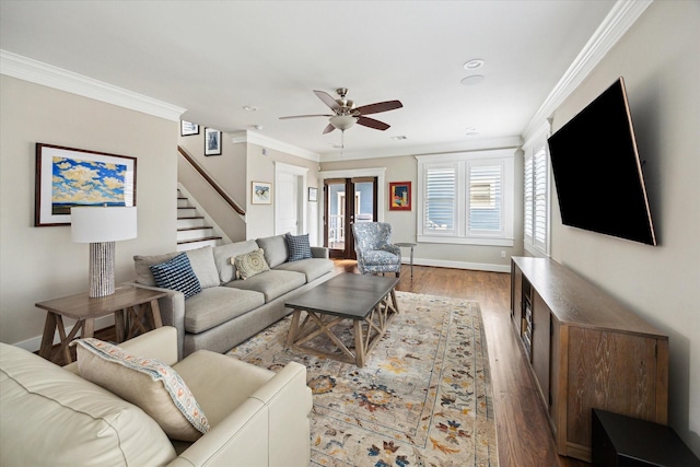 446 Arlington St, Houston, TX 77007 - living area featuring stairway, ceiling fan, wood finished floors, baseboards, and ornamental molding