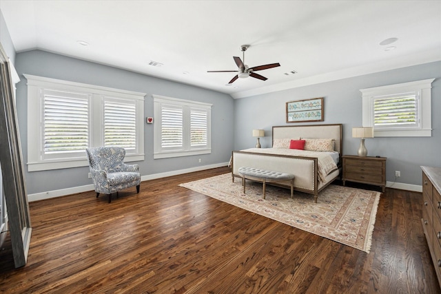 446 Arlington St, Houston, TX 77007 - bedroom featuring multiple windows, baseboards, dark wood finished floors, a ceiling fan, and lofted ceiling