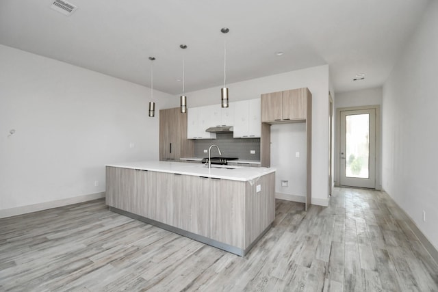 4016 Boho Ln, Houston, TX 77045 - kitchen featuring modern cabinets, tasteful backsplash, light wood finished floors, and light countertops