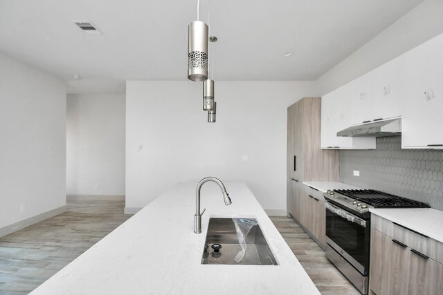 4016 Boho Ln, Houston, TX 77045 - kitchen with stainless steel range with gas stovetop, under cabinet range hood, light wood finished floors, and light countertops