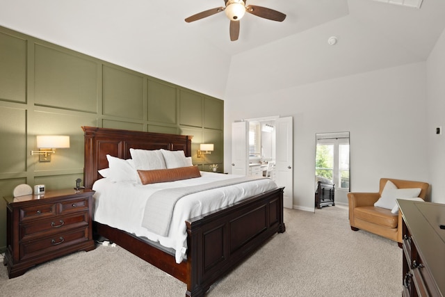 3638 Long Flower Ct, Fulshear, TX 77441 - bedroom with high vaulted ceiling, light colored carpet, a decorative wall, and ceiling fan
