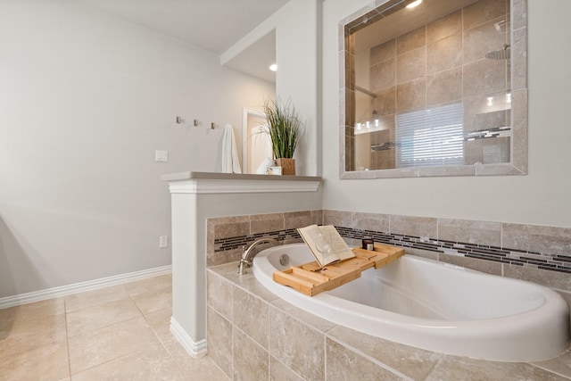 3638 Long Flower Ct, Fulshear, TX 77441 - bathroom with a garden tub, a tile shower, tile patterned flooring, and baseboards