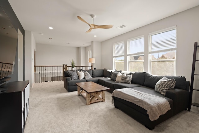 3638 Long Flower Ct, Fulshear, TX 77441 - carpeted living area with ceiling fan and recessed lighting
