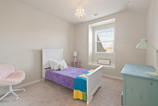 3638 Long Flower Ct, Fulshear, TX 77441 - bedroom with light carpet, baseboards, a chandelier, and vaulted ceiling