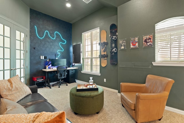 3638 Long Flower Ct, Fulshear, TX 77441 - carpeted home office featuring baseboards, french doors, and vaulted ceiling