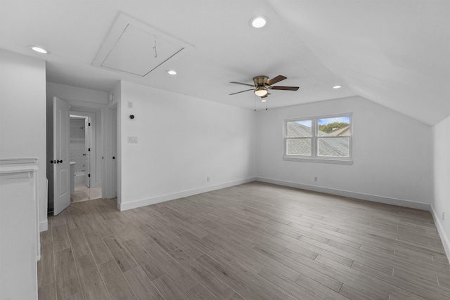 1323 Warwickshire Dr, Houston, TX 77077 - unfurnished room with attic access, light wood-style floors, ceiling fan, recessed lighting, and baseboards