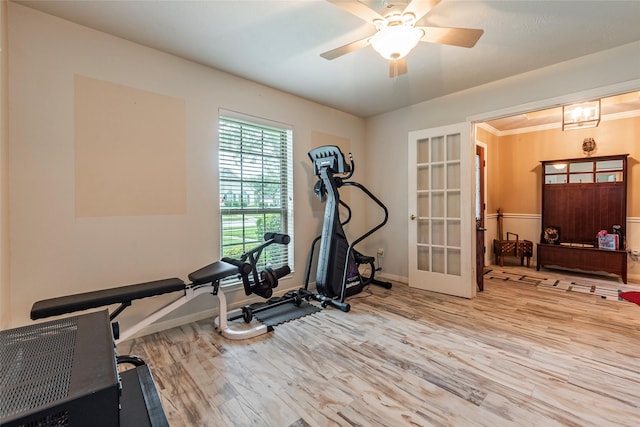 811 Hackberry Ln, Friendswood, TX 77546 - exercise area with wood finished floors, baseboards, french doors, and ceiling fan