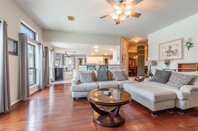 811 Hackberry Ln, Friendswood, TX 77546 - living room with ceiling fan and hardwood / wood-style flooring
