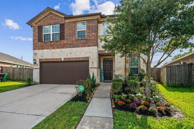 11407 Brookside Arbor Ln, Richmond, TX 77406 - view of front facade with stone siding, a garage, concrete driveway, and brick siding
