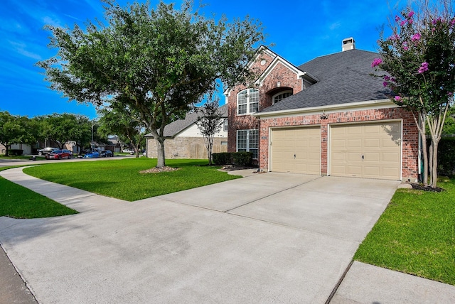 2803 Lakecrest Way Dr, Katy, TX 77493 - view of front of property with a garage, brick siding, driveway, a front lawn, and a shingled roof